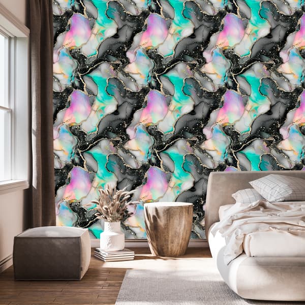 Grafiitti-, harmaa-, vaaleanharmaa- ja merenvihreä mustetapetti 50x1000 cm