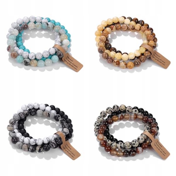Set med 3 armband 8 mm sten vit howlit agat bambu agat Botswana