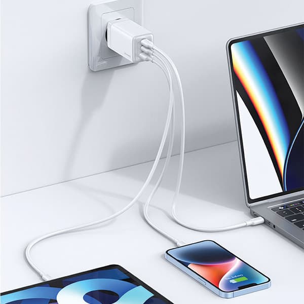 USAMS 2xUSB-C+1xUSB 65W (endast huvud) GaN PD3.0 +QC3.0 Snabbladdning vit