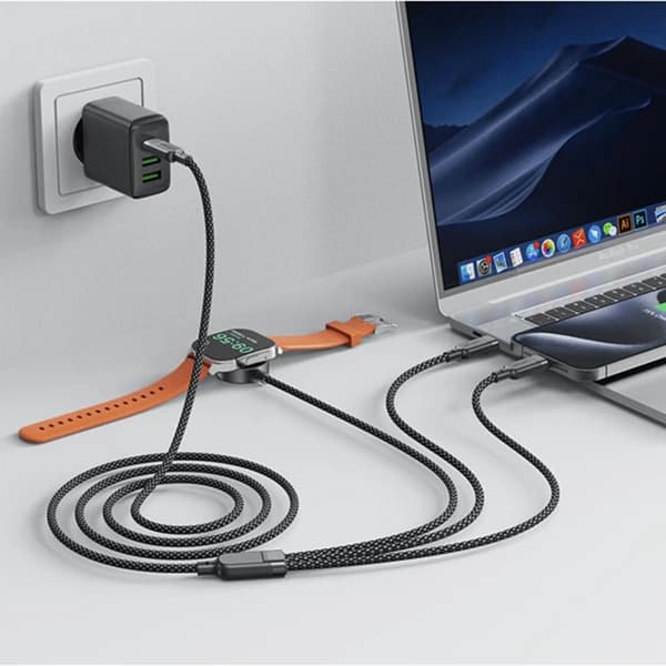 3-i-1 kabel USB-C - 2x USB-C / Apple Watch Qi oplader 480Mb/s 100W 1,2m - sort
