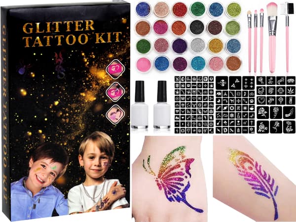 Suuri glitter-tatuointipakkaus glitter-tatuointisapluunat