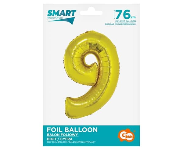 Folieballon nummer 9 guld Smart 76cm