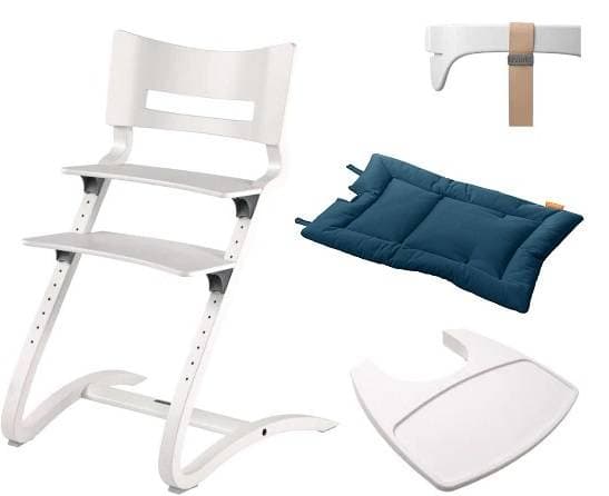 LEANDER - CLASSIC™ matstol, vit + skena, bricka, mörkblå dyna - SET