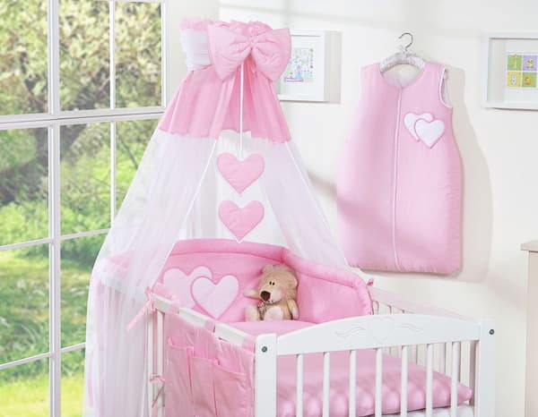5-osainen vuodevaatesetti 120x90 katoksella - Hanging Hearts pinkki