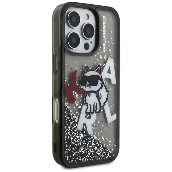 Karl Lagerfeld Liquid Glitter Choupette Logo-cover til iPhone 16 Pro, sort