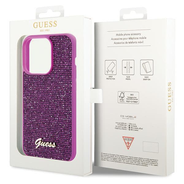 Guess Disco Metal Script-etui til iPhone 15 Pro, Fuchsia/Fuchsia