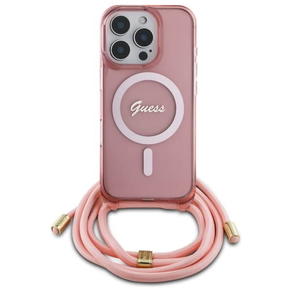 Guess Crossbody Cord Script MagSafe-etui til iPhone 16 Pro, lyserød