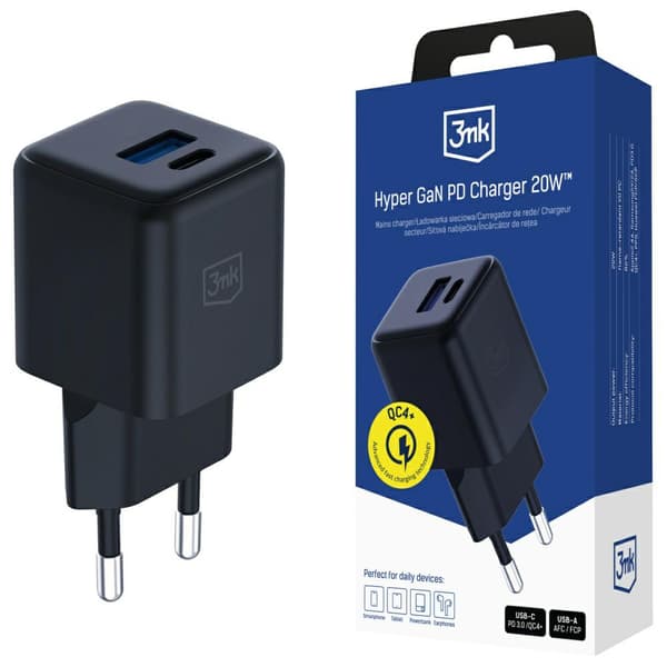 3MK Hyper GaN Oplader 20W 1xUSB-A 1xUSB-C PD QC4+, Sort