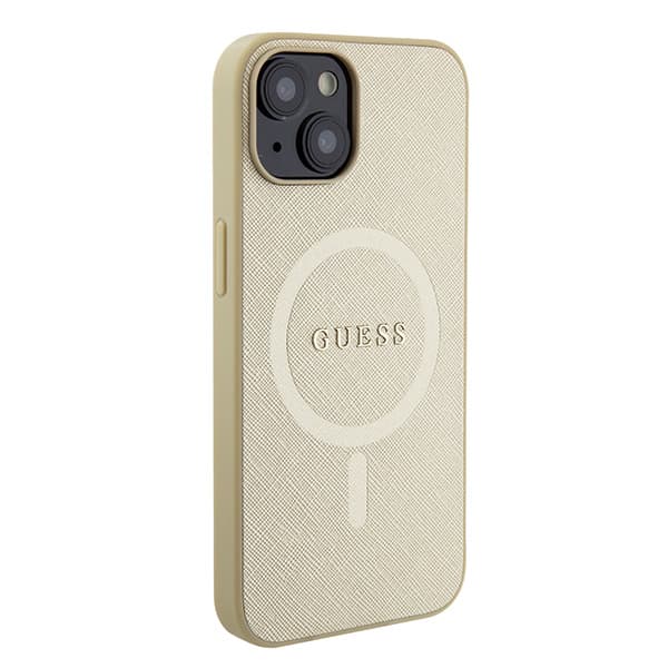 Guess Saffiano MagSafe-etui til iPhone 15 Plus, guld