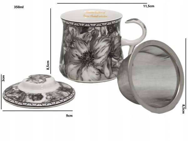 Porslinsmugg med infuser 350ml i ask, Gray Rose-kollektionen