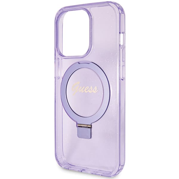 Guess Ring Stand Script Glitter MagSafe-etui til iPhone 15 Pro, lilla/lilla