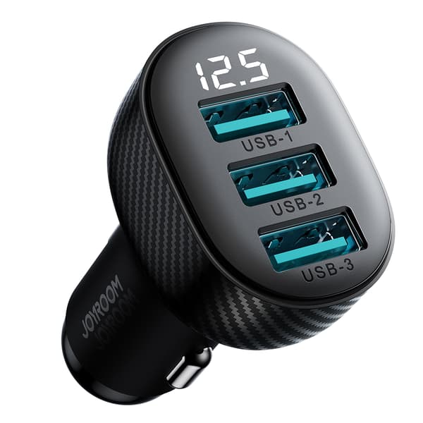 3.4A Biloplader med Display 3x USB-A Sort