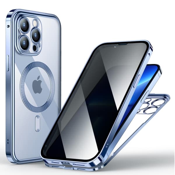 iPhone 13 Pro-skal, dubbelt sekretessglas, MagSafe-resistent, blå