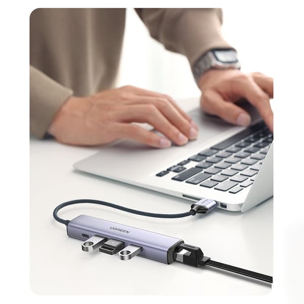 Multifunktionel HUB adapter splitter USB 3.0 - 3x USB Ethernet RJ-45 USB-C PD grå