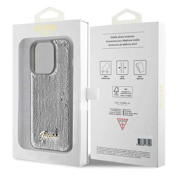 Guess Sequin Script Metal-skal till iPhone 15 Pro, silver/silver