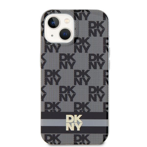 DKNY IML MagSafe-etui med ternet monogrammønster og trykte striber til iPhone 15 Plus, sort