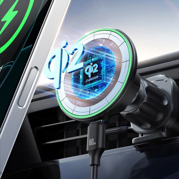 Bilholder med Qi2 15W telefonoplader til luftventilen - sort