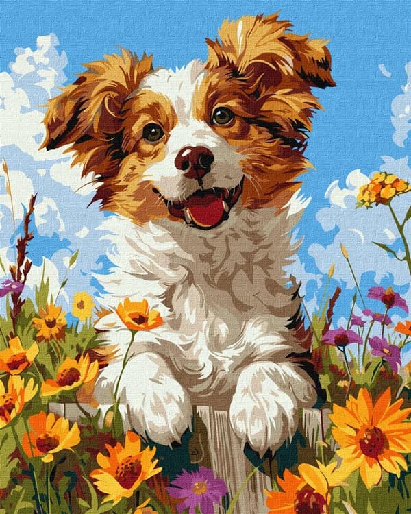 Maleri efter tal - Hund i blomster 40x50cm