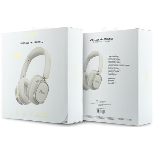 Guess Bluetooth ENC Rektangulära Metallskript Vita Over-Ear Hörlurar