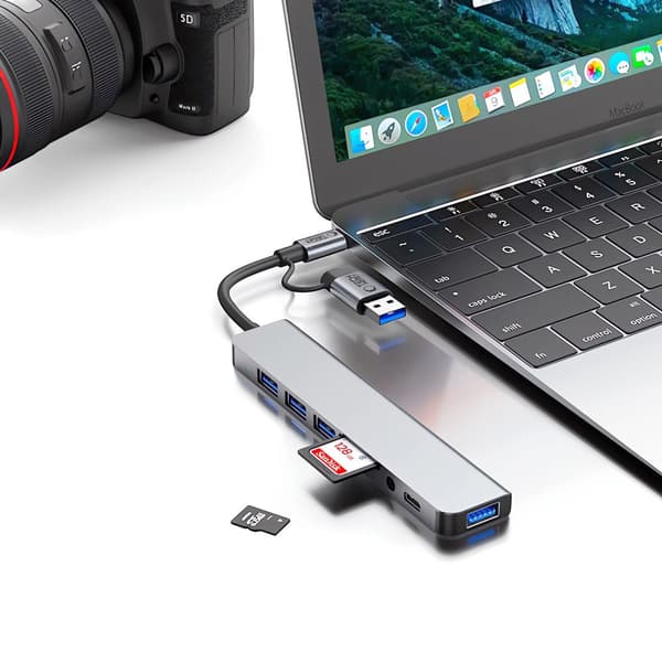 HUB multifunktionell splitter 8in1 USB-C USB-A SD/TF AV3.5 - grå