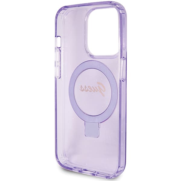Guess Ring Stand Script Glitter MagSafe-etui til iPhone 15 Pro, lilla/lilla