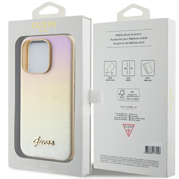 Guess Saffiano Iridescent Script-skal till iPhone 14 Pro, guld