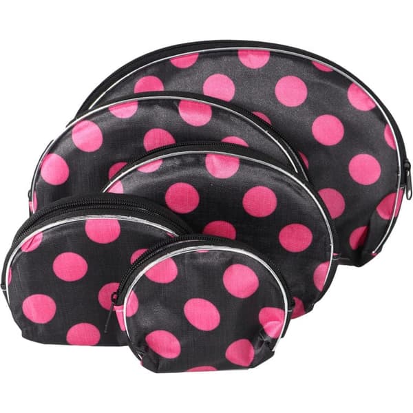 Set med 5 svarta sminkväskor med rosa prickar