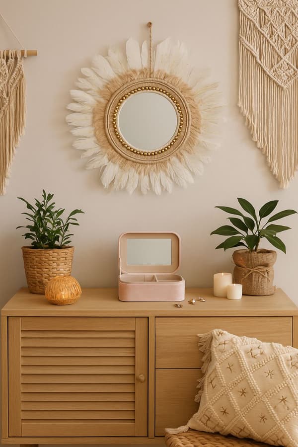 Rund boho väggspegel 50 cm vit