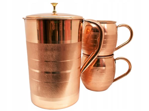 Sæt: Kobberkande 2l + 2 kopper 0,45l striber