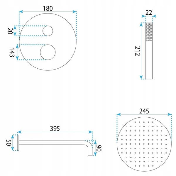 Dolt duschset i koppar, blank quiltad koppar, Venti + Box