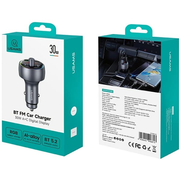 USAMS CC328 30W Billaddare 1xUSB-A 1xUSB-C Bluetooth FM-kabel