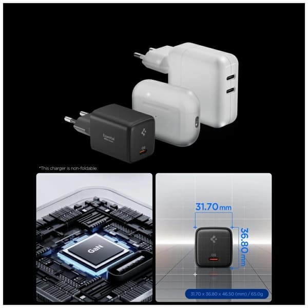 Spigen Essential EE451EU 45W USB-C Vægoplader + USB-C/USB-C Kabel Sort