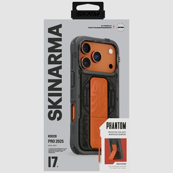 Skinarma Phantom-etui til MagSafe + Grip-stativ til iPhone 17 Pro Olivengrøn