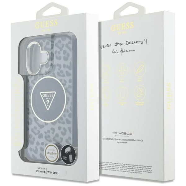 Guess HC IML Leopard Trekantet Kabelrem MagSafe-etui til iPhone 16, Sort
