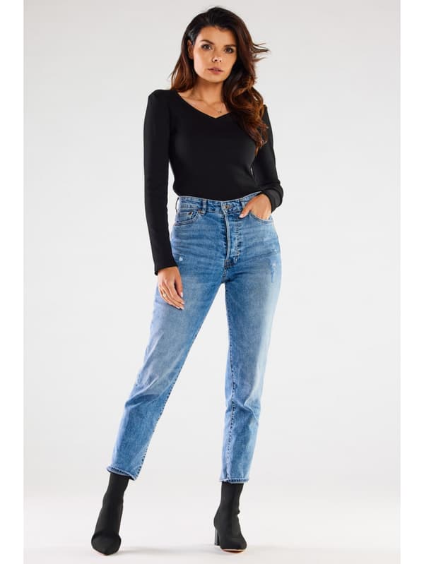 Basis bomuldsbluse med V-hals og ribstrik, sort M