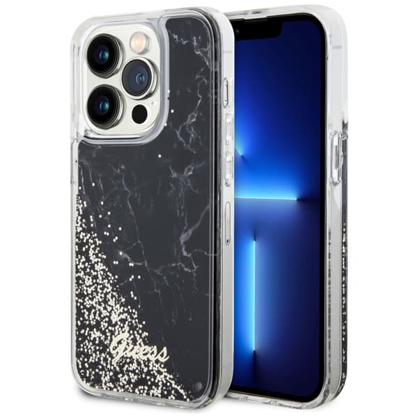 Guess Liquid Glitter Marble cover til iPhone 14 Pro, sort