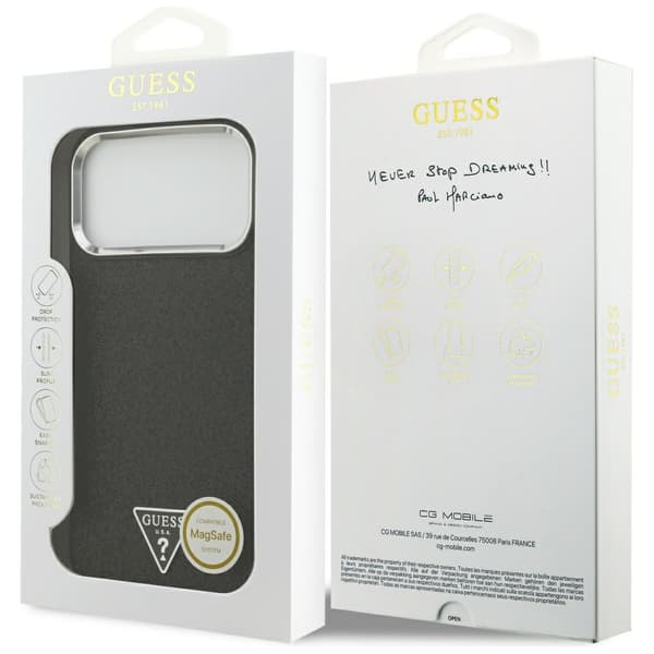 Guess Glitter Triangle Logo MagSafe -kotelo iPhone 17 Pro Maxille, musta