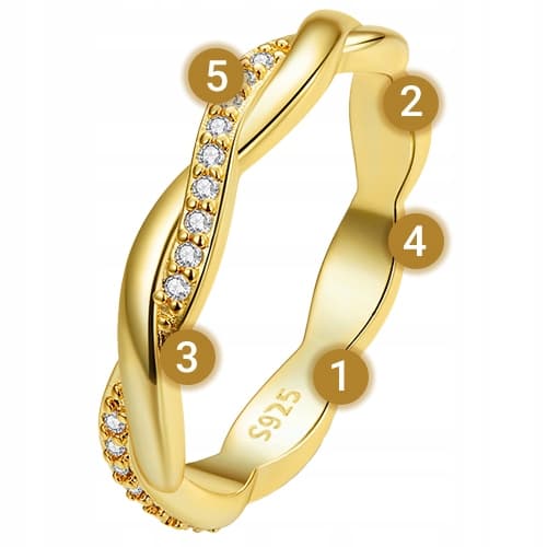 Guldflätad ring, silver S925, förgylld, zirkoner, storlek 16