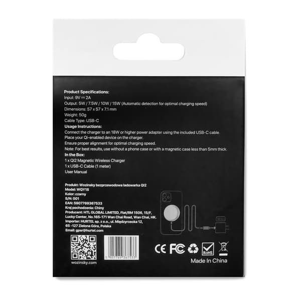 Qi2 Magnetisk Trådløs Induktiv Telefonoplader 15W - Sort