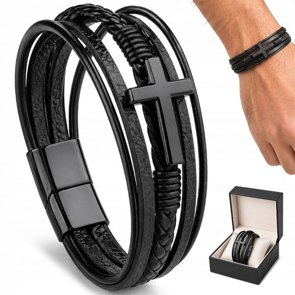 Herrflätat läderarmband med kors, presentarmband 19-22cm