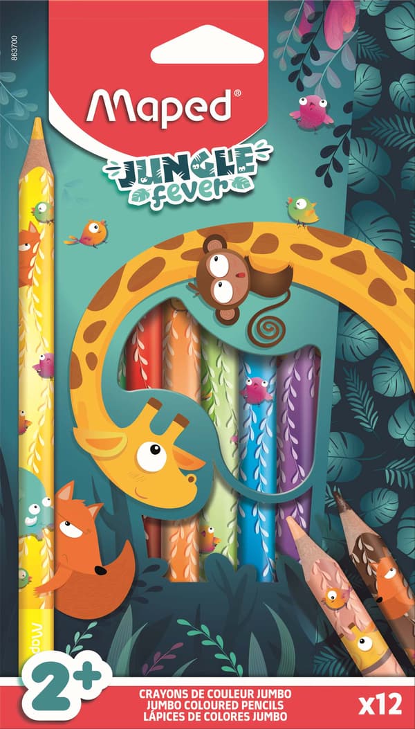 Jumbo Jungle Fever triangulära kritor. 12 färger