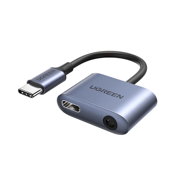 USB-C lydadapter - USB-C + 3,5 mm mini-jackstik - grå
