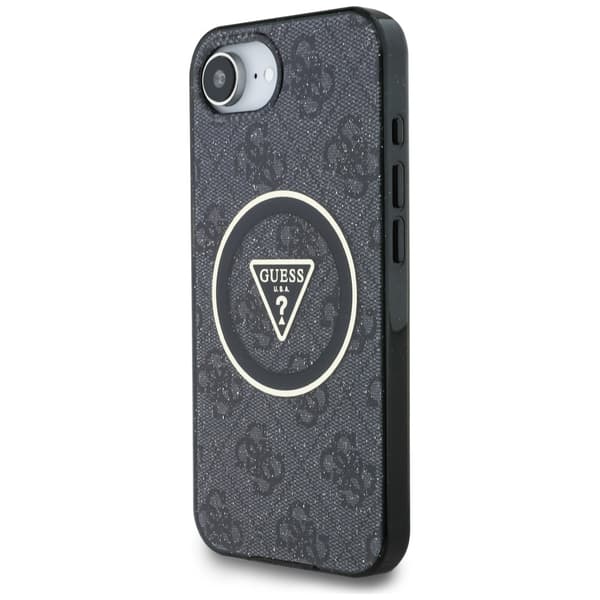 Guess IML Metal Glitter 4G Circle Triangle MagSafe-etui til iPhone 16e, sort