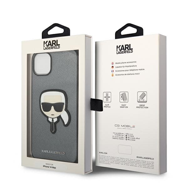 Karl Lagerfeld Saffiano Karl`s Head Patch-etui til iPhone 14 Plus, sølv
