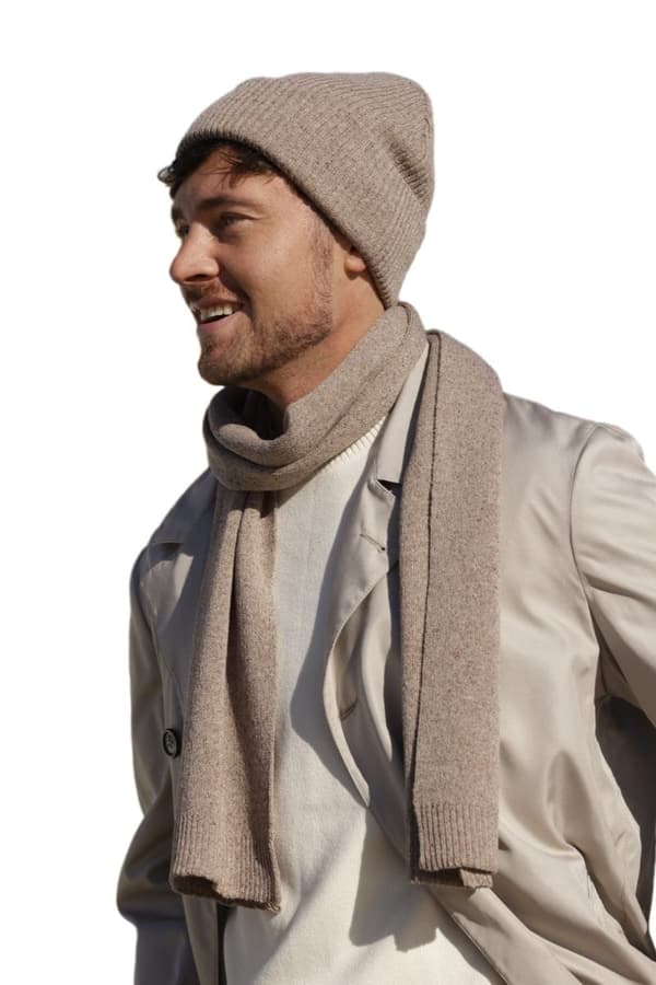 Ribbad mössa med mudd - Patrick, merinoull + siden, beige