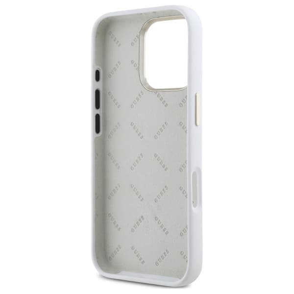 Guess Silikone Logo Strass 4G Etui til iPhone 16 Pro, Hvid