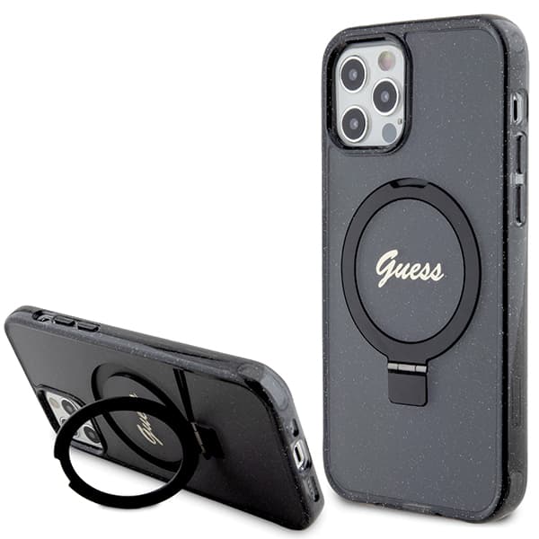 Guess Ring Stand Script Glitter MagSafe -kotelo iPhone 12/12 Prolle, musta