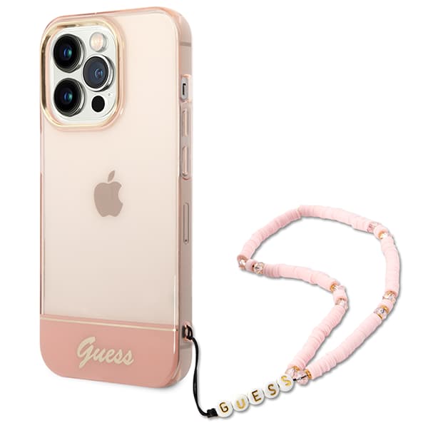 Guess Translucent Pearl Strap-etui til iPhone 14 Pro, lyserød