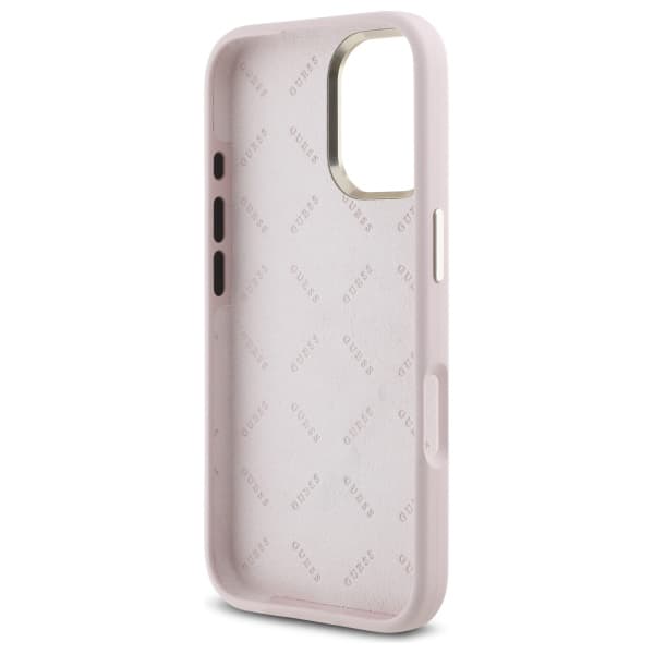 Guess Silikone Logo Strass 4G Etui til iPhone 16, lyserød/lyserød