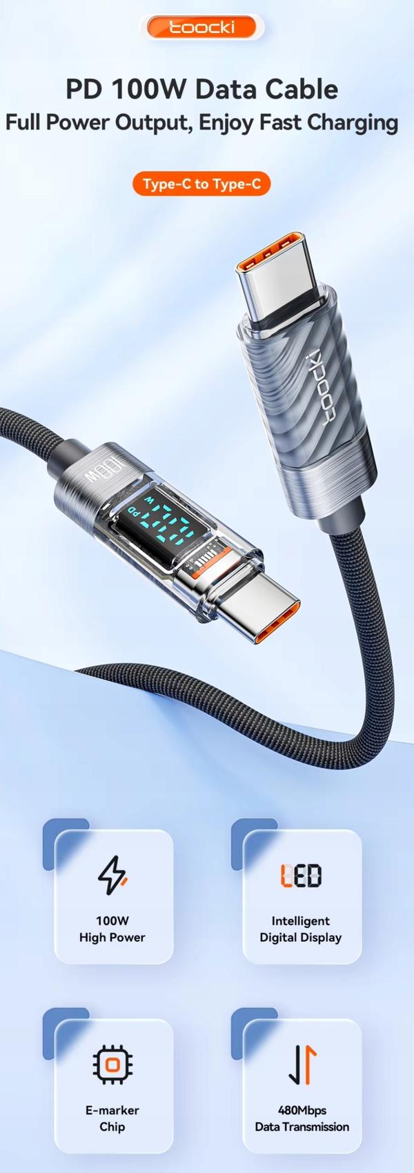 TOOCKI Gråt USB C til C Kabel 1 Meter 100W PD QC + LCD Wattmeter 100cm